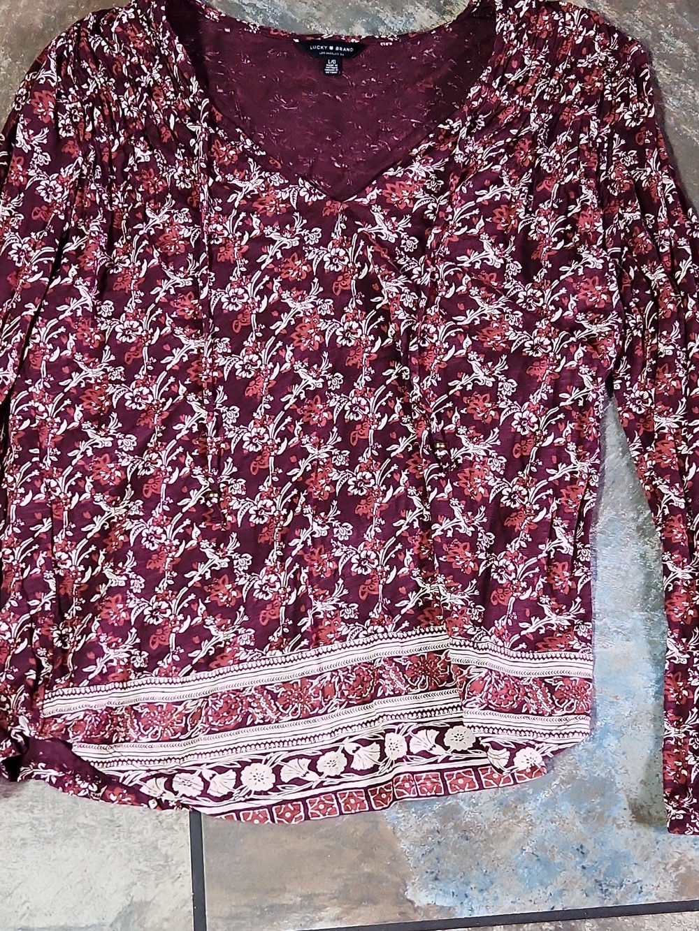 Lucky Brand Maroon Floral Long Sleeve V-Neck Top